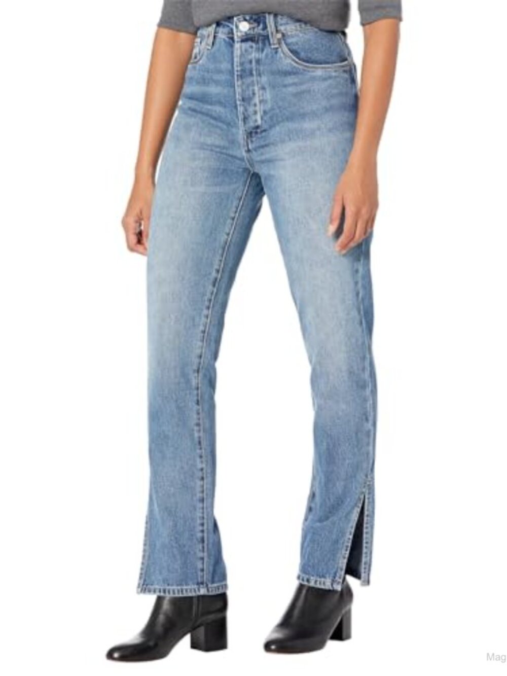 High Rise Slim Straight Leg Jeans Slit Ankle Cotton Blend Casual